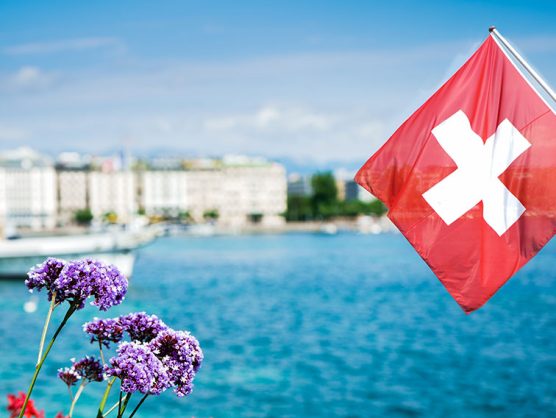 Schweizer Flagge vor Genfer See