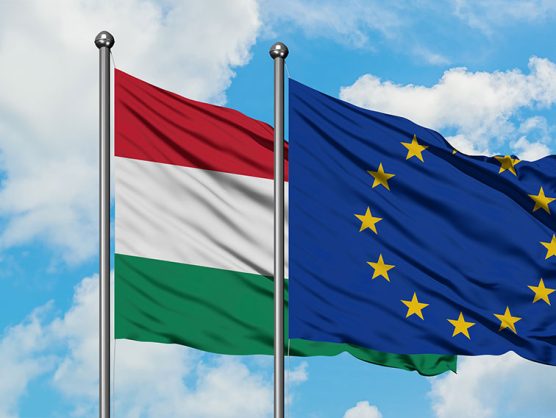 Ungarische und europäische Flagge wehen im Wind