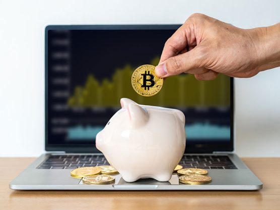 Hand steckt Bitcoin in Sparschwein, das auf Laptop steht, der Börsenkurs zeigt