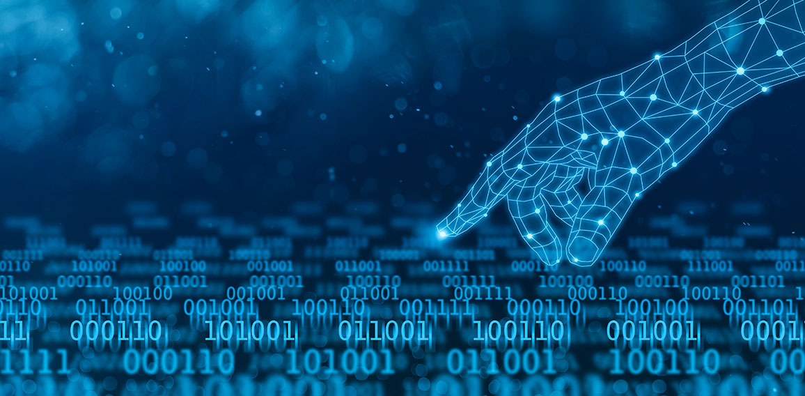 Digital hand touching binary data flow technology concept