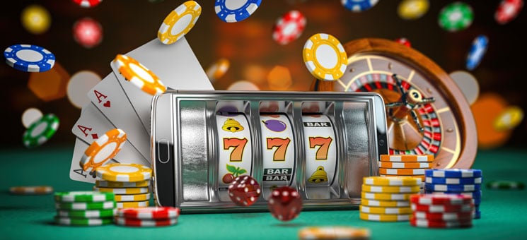 Online casino. Smartphone or mobile phone, slot machine, dice, c