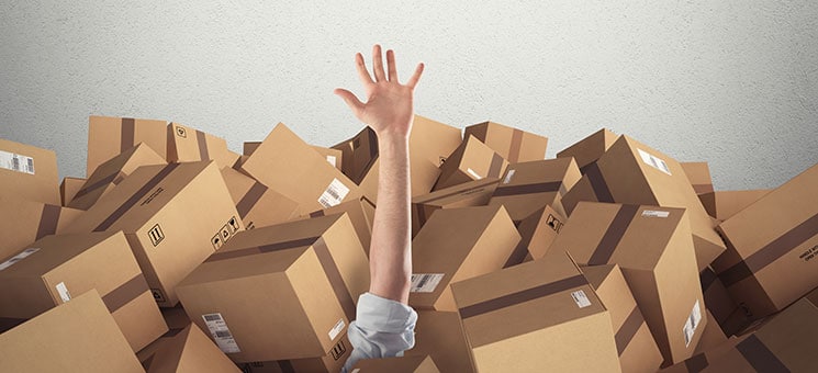 Man buried by a stack  of cardboard boxes. 3D Rendering