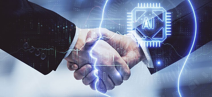 Double exposure of brain hologram and handshake of two men. Partnership in IT industry concept.