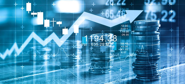 Finance and business concept. Investment graph and rows growth o