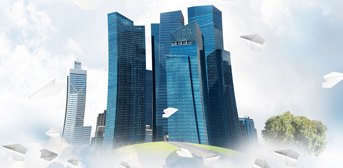 Concept of eco green life as elegant business center on white clouds