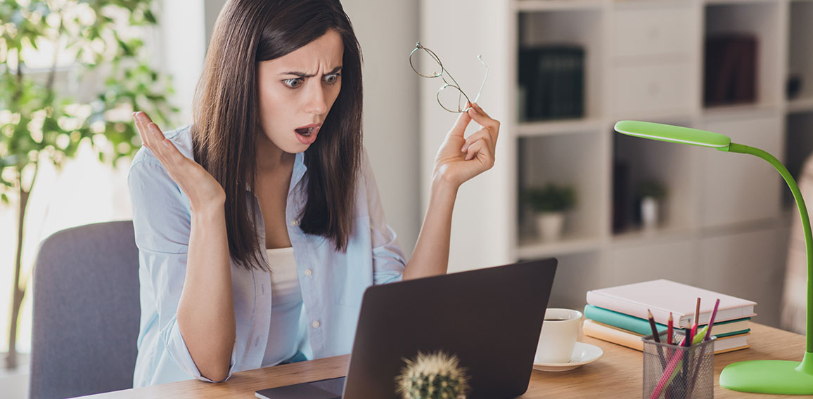 Photo of anxious mad girl take off glasses unexpected problem wear eyeglasses shirt in home office indoors