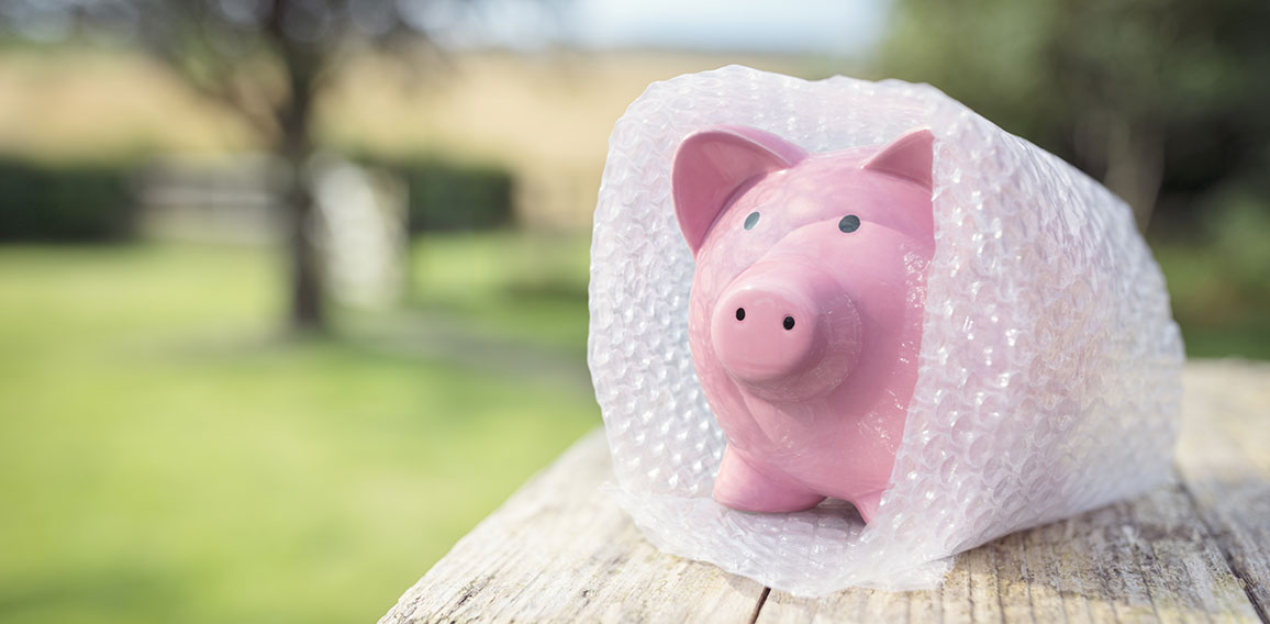 Piggy bank wrapped in bubble wrap, protecting your money