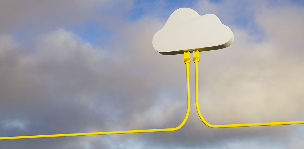 3D render: Cloud Computing Concept - Two Ethernet Cables plugged into a symbolic cloud. Real sky and cloud background.