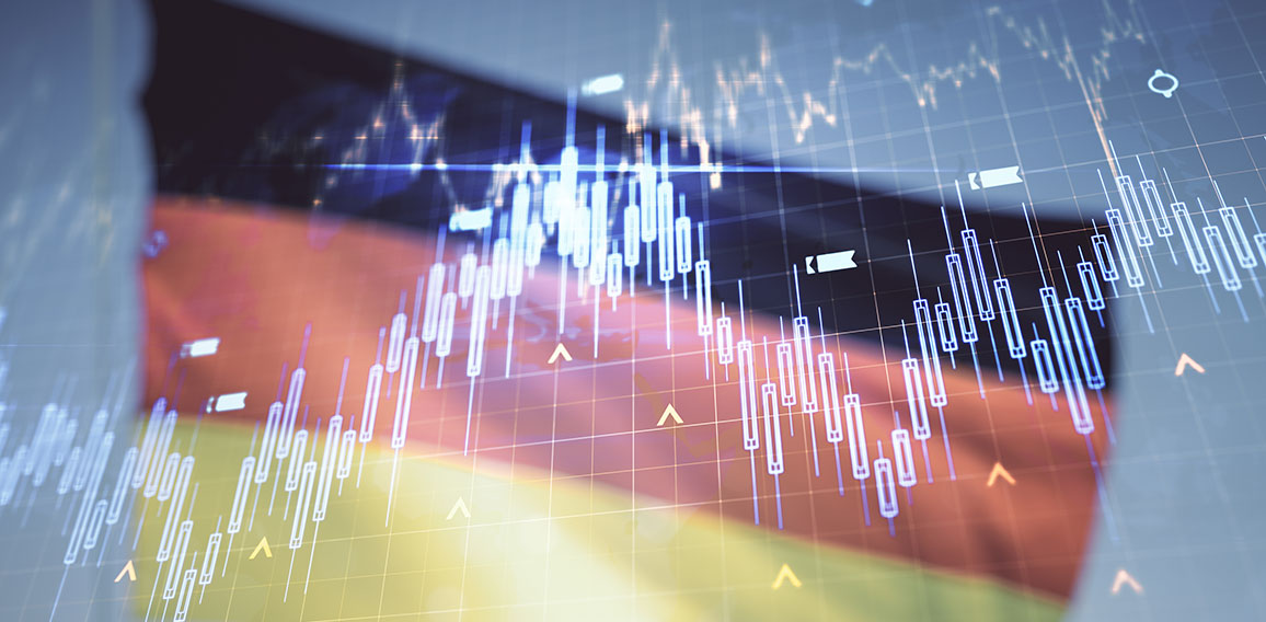 Double exposure of abstract creative financial diagram and world map on flag of Germany and blue sky background, banking and accounting concept