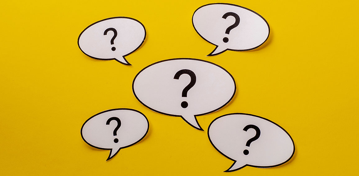 Five speech bubbles with question marks over a bright yellow background