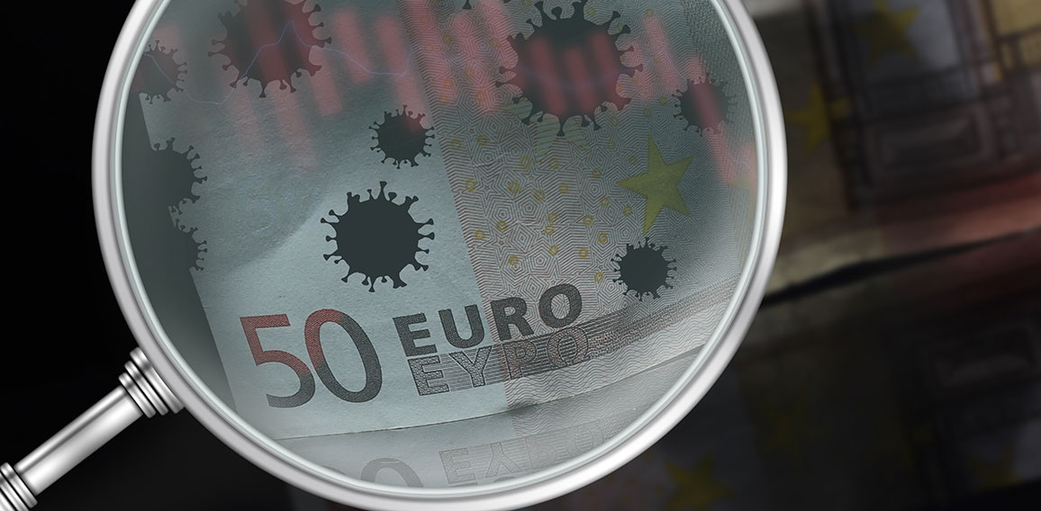 Coronavirus on Euro banknote. Global novel coronavirus (Covid-19