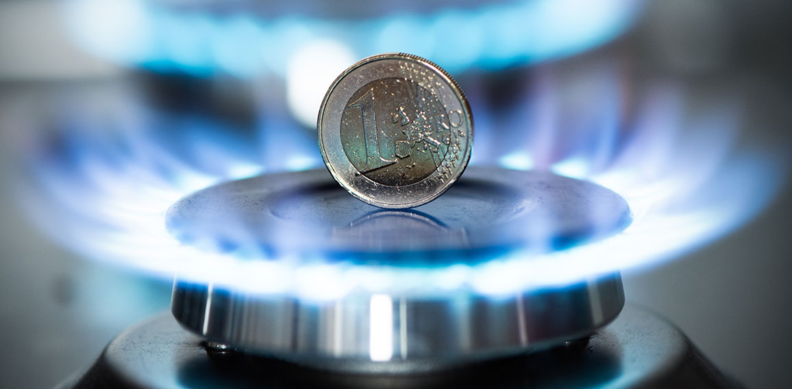 Burning natural gas and one euro coin on gas hob.