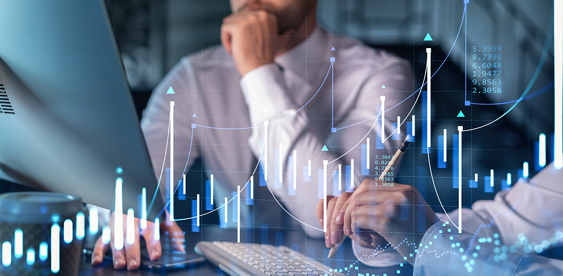 Two colleagues in formal wear working together to optimize trading strategy at corporate finance fund. Forex chart hologram over modern office background