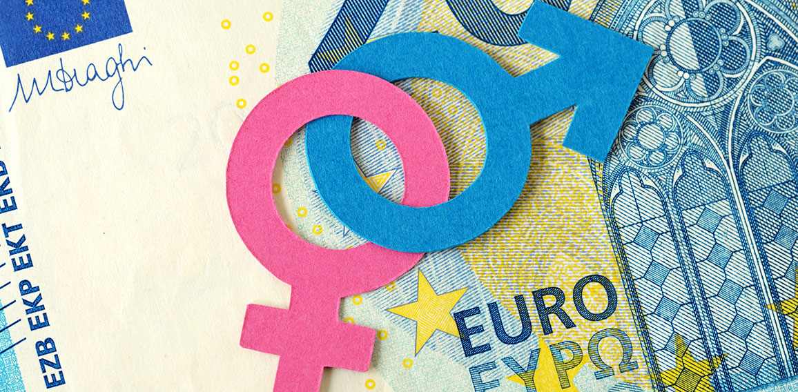 Male and female gender symbols chained together on euro banknote