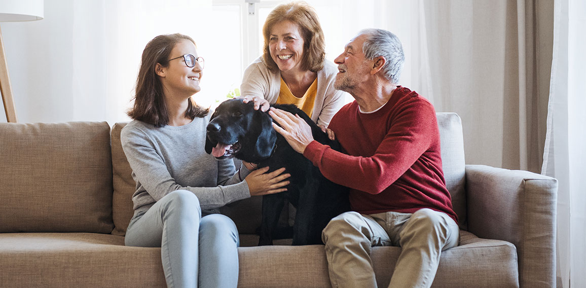 A senior couple with a teenage girl sitting on a sofa with dog at home.