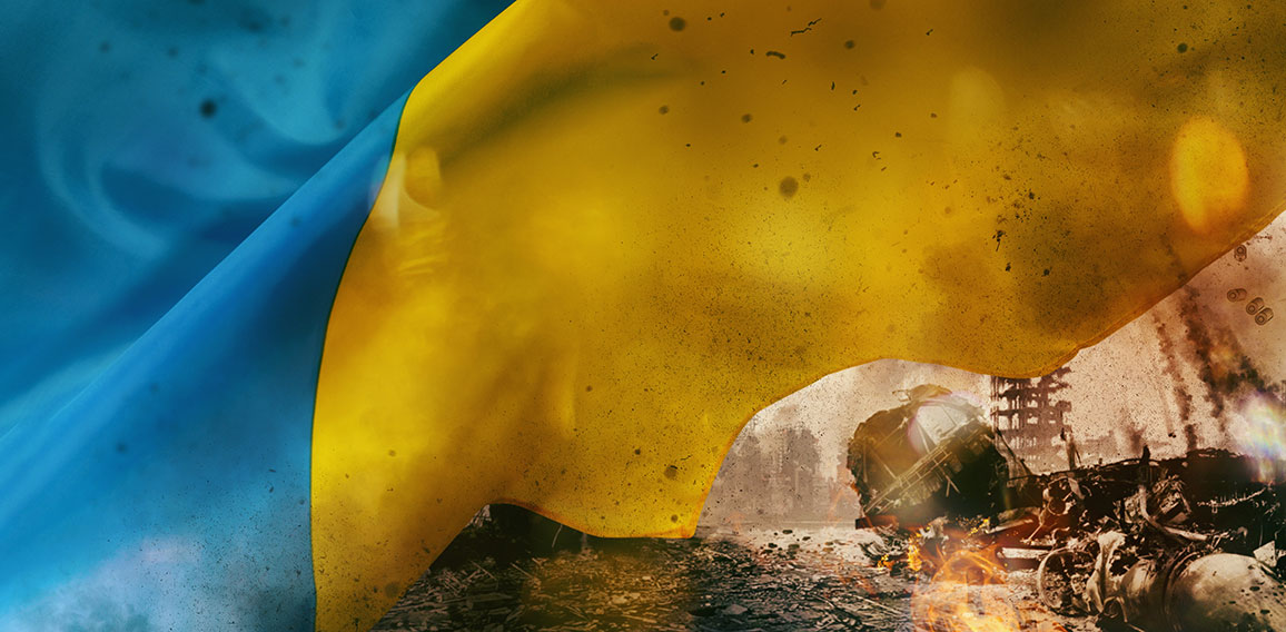 Ukraine country flag with fire and destroyed city