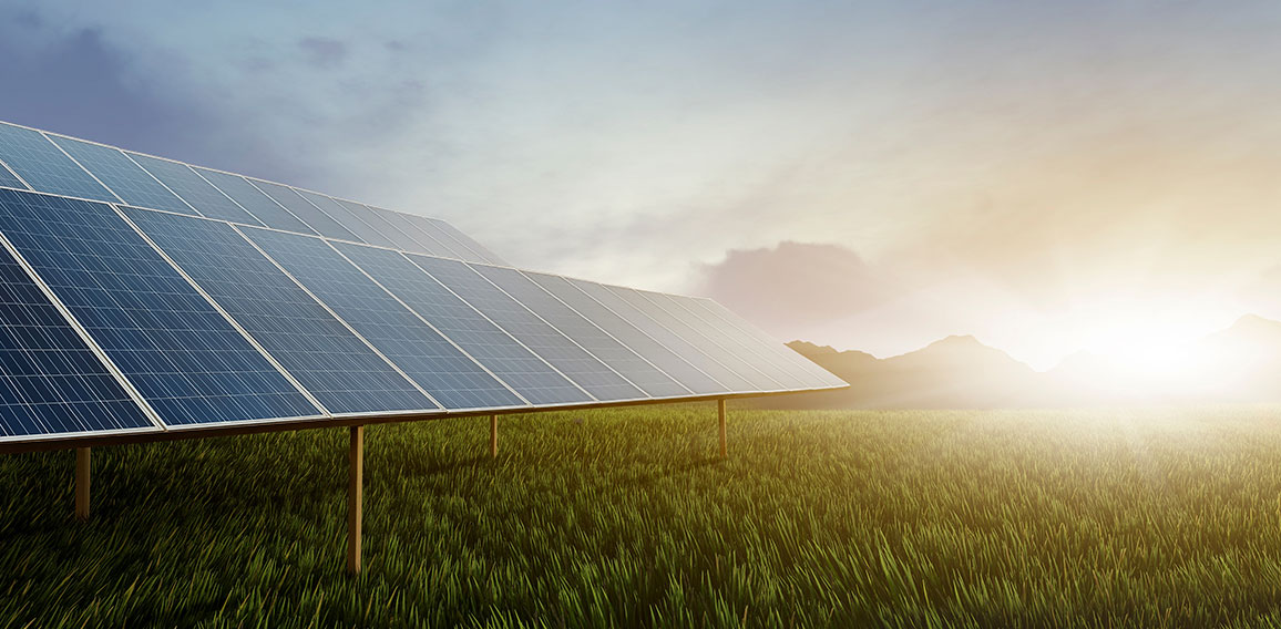 panoramic - solar panel at sunset