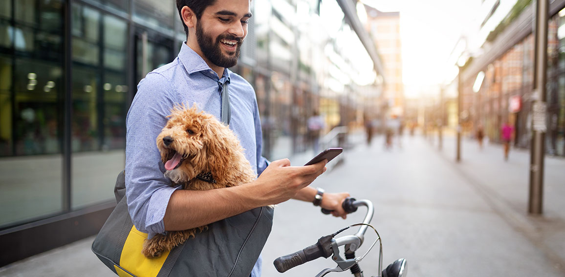 Lifestyle, transport, communication and people concept . Young man with bicycle and smartphone on city street