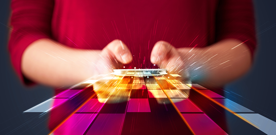 Woman holding smartphone with futuristic lines