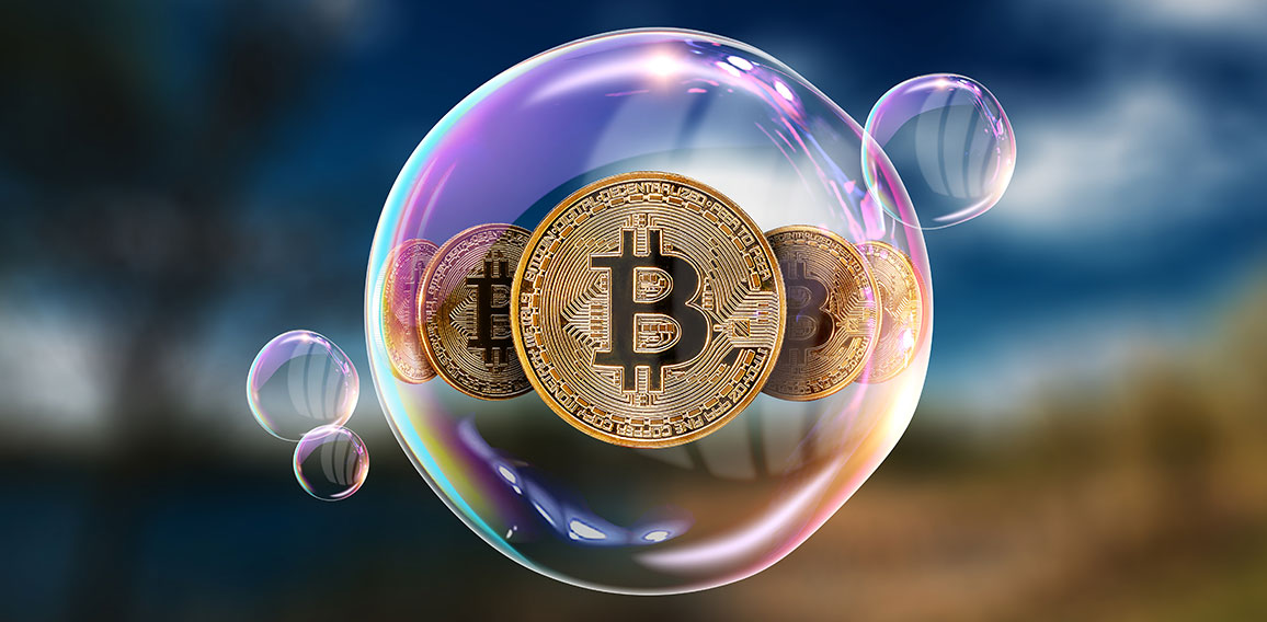 Gold Coins Bitcoin in a soap bubble. The concept of instability of the crypto currency, electronic money, the burning of the crypto currency.