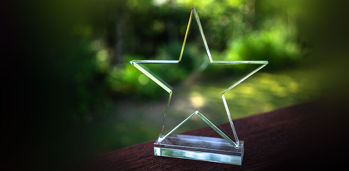 Transparent glass cup in the form of a star on a summer green ba