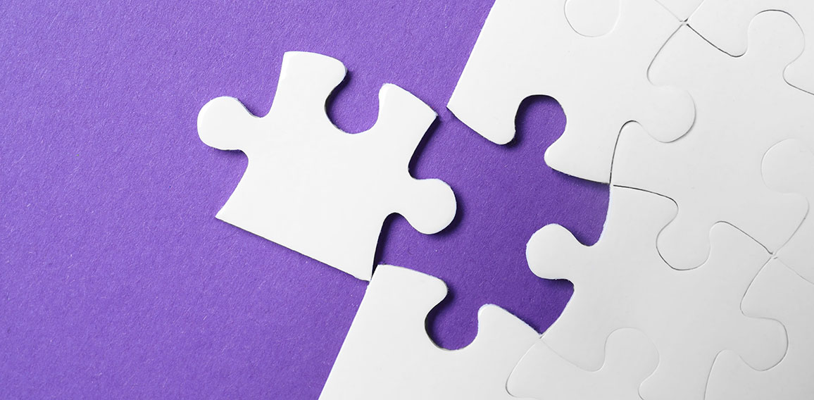 White puzzle with unfitting piece on purple background, flat lay