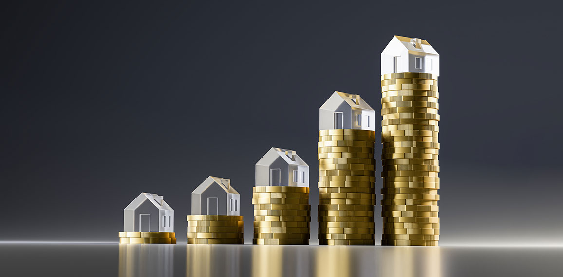 3d render: Rising stacks of Euro coins topped with model houses made from acrylic glass. Seamless dark background and reflections. Concept for extreme rise of housing prices.