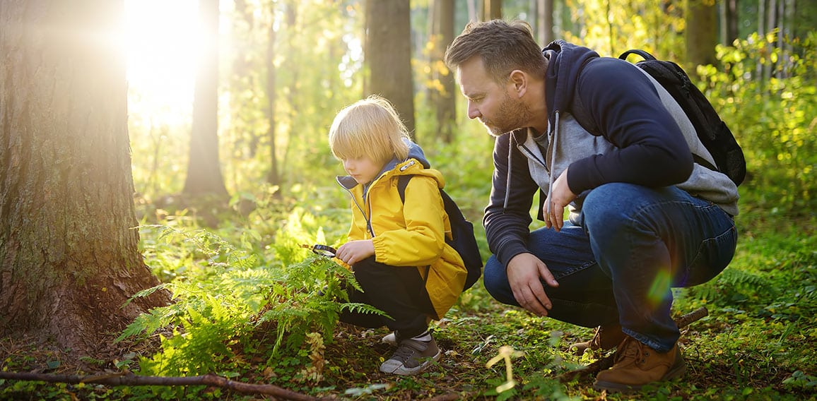 School boy and his father hiking together and exploring nature with magnifying glass. Child with his dad spend quality family time together in the sunny summer forest.