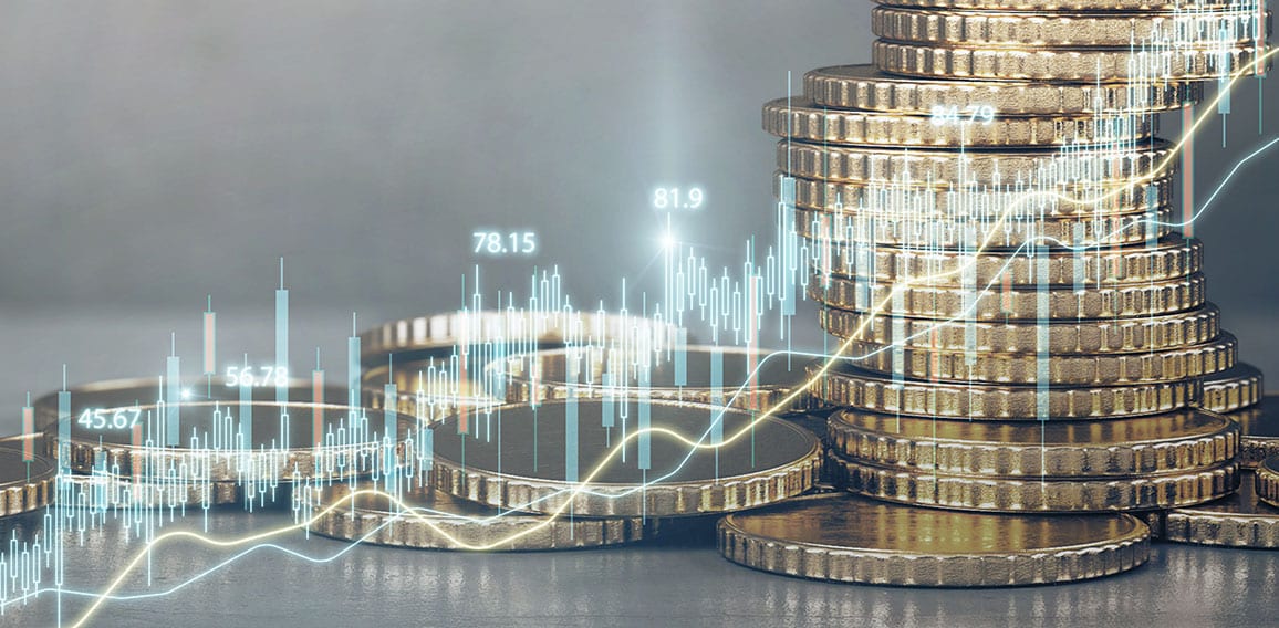 Abstract glowing candlestick forex chart on blurry golden coins wallpaper. Money, economy and finance concept. Double exposure.