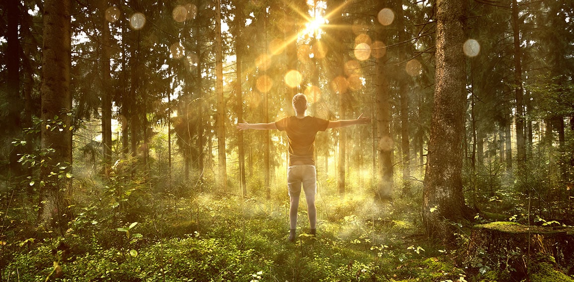 Mann genießt Sonne in nebligem Wald