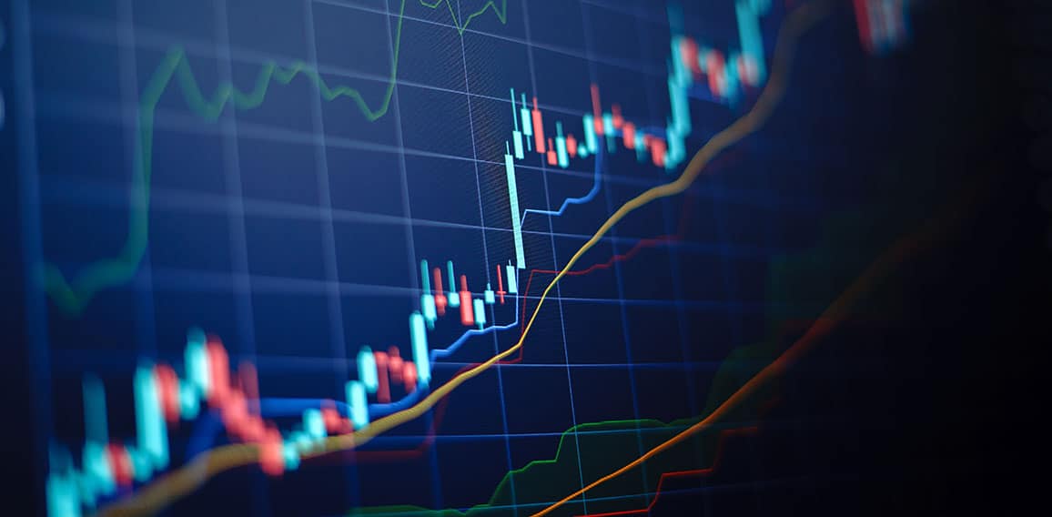 Closeup financial chart with uptrend line candlestick graph in s