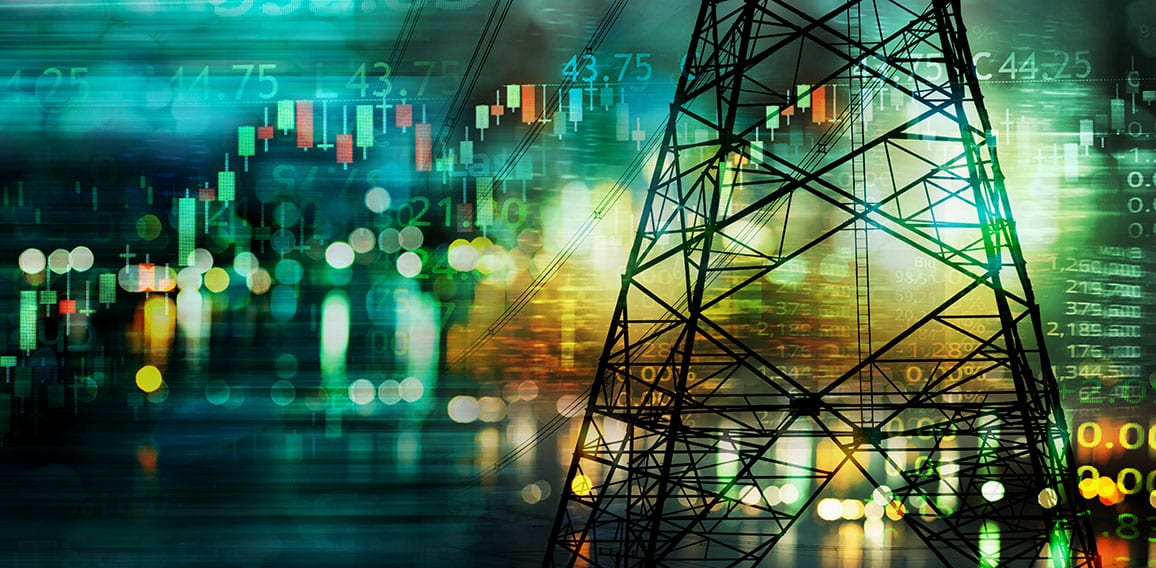 market stock graph and information with city light and electrici