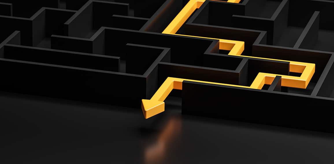 3d rendering: Concept - solving a complex problem. Black maze and floor with yellow solution path with arrow. Low key image.