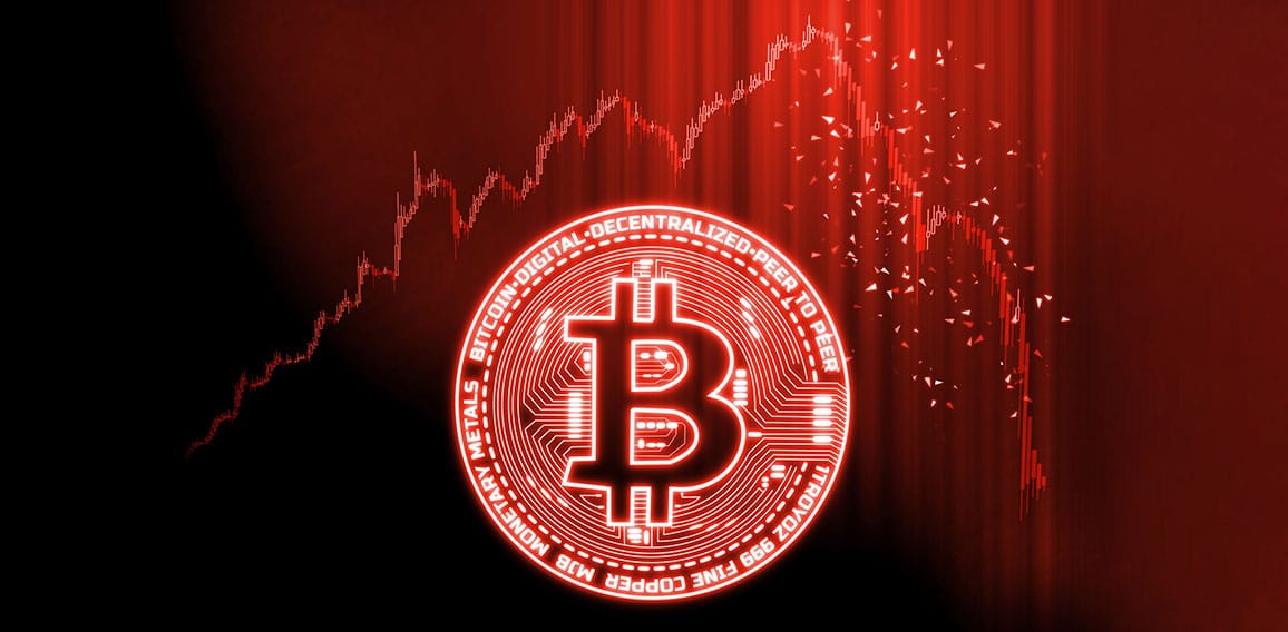 Crypto currencies market goes down concept.  Glowing Bitcoin (BT