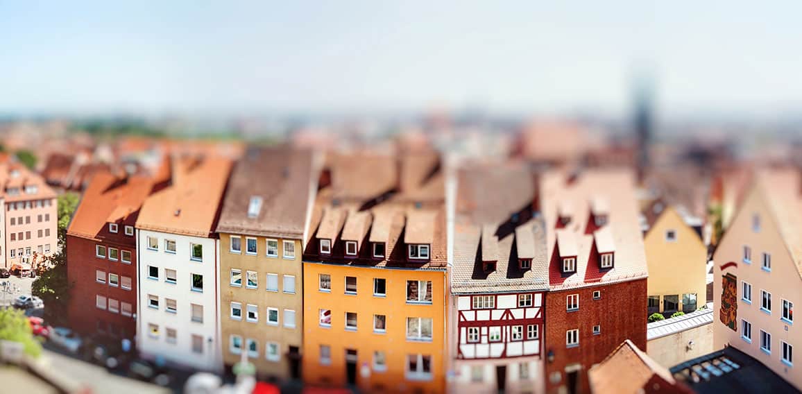 Panoramic cityscape of Nuremberg, Bavaria,  Germany. Miniature tilt shift lens effect.