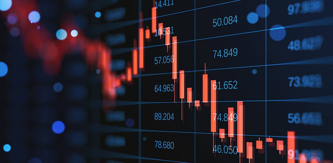 Abstract falling candlestick forex chart on blurry dark index grid background. Finance and crisis concept. 3D Rendering.