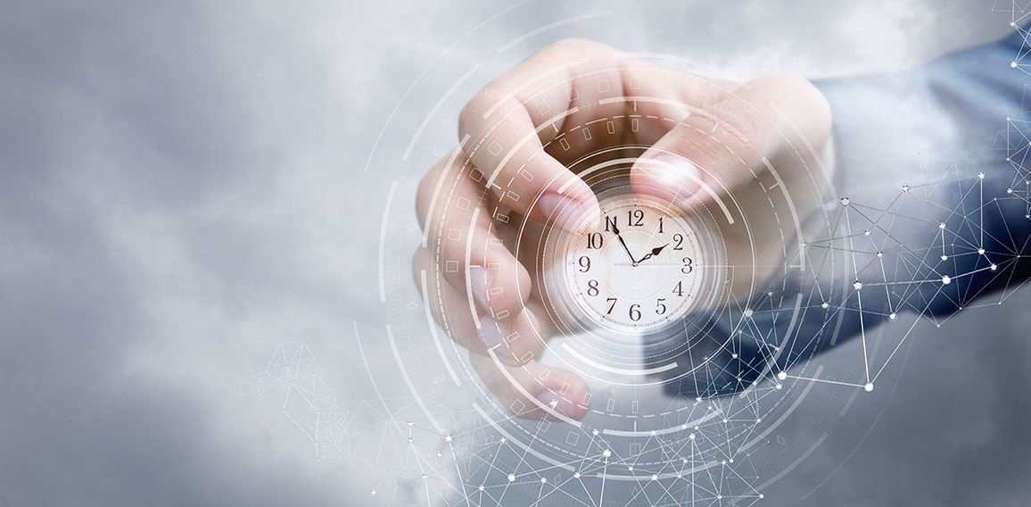 Hand of a businessman in the sky shows the clock .