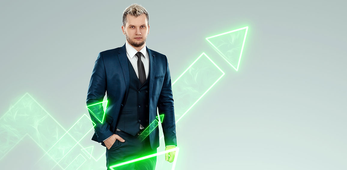 A businessman in a business suit looking for an opportunity against the background of green arrows pointing up. Development concept, start-up, investment search. Copy space.