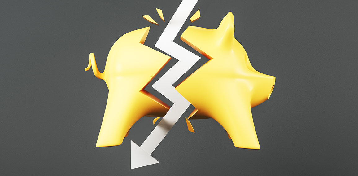 Crisis concept with white arrow hitting yellow piggy bank at dark background.