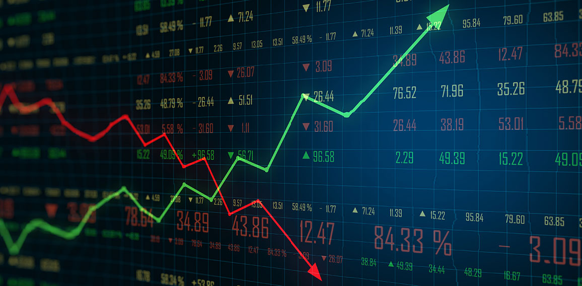 Trading concept with business chart screen with green growing arrow and red falling arrow