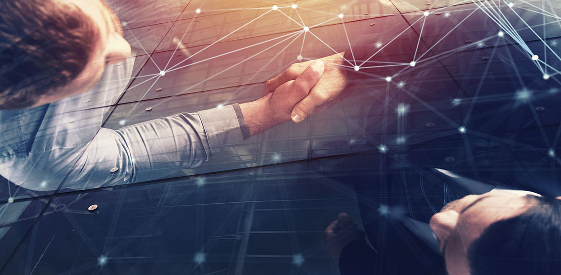 Handshaking business person in office with network effect. concept of teamwork and partnership. double exposure