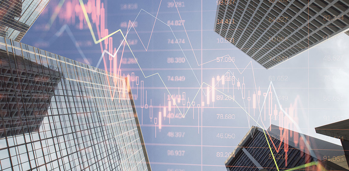 Real estate market crash and economy crisis concept with falling down digital financial chart candlestick and diagram with data indicators on city skyscraper tops bottom view, double exposure