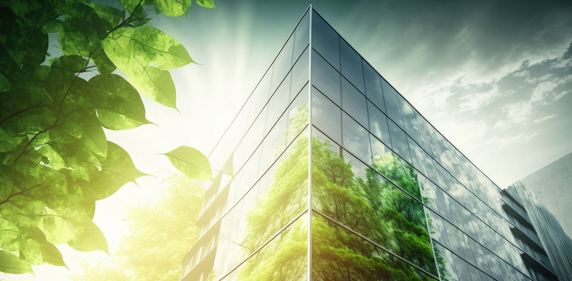 eco friendly construction in a contemporary metropolis. A sustainable glass building with green tree branches and leaves for lowering heat and carbon dioxide. Green workplace office building. Green li. Generative AI