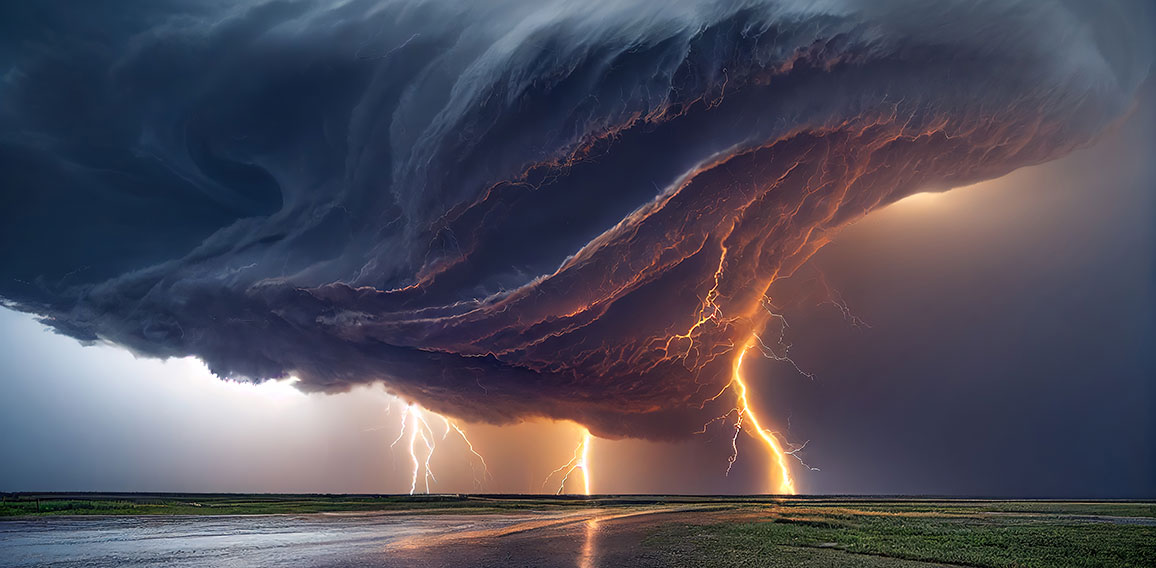 dramatic and powerful tornado. Lightning thunderstorm flash over