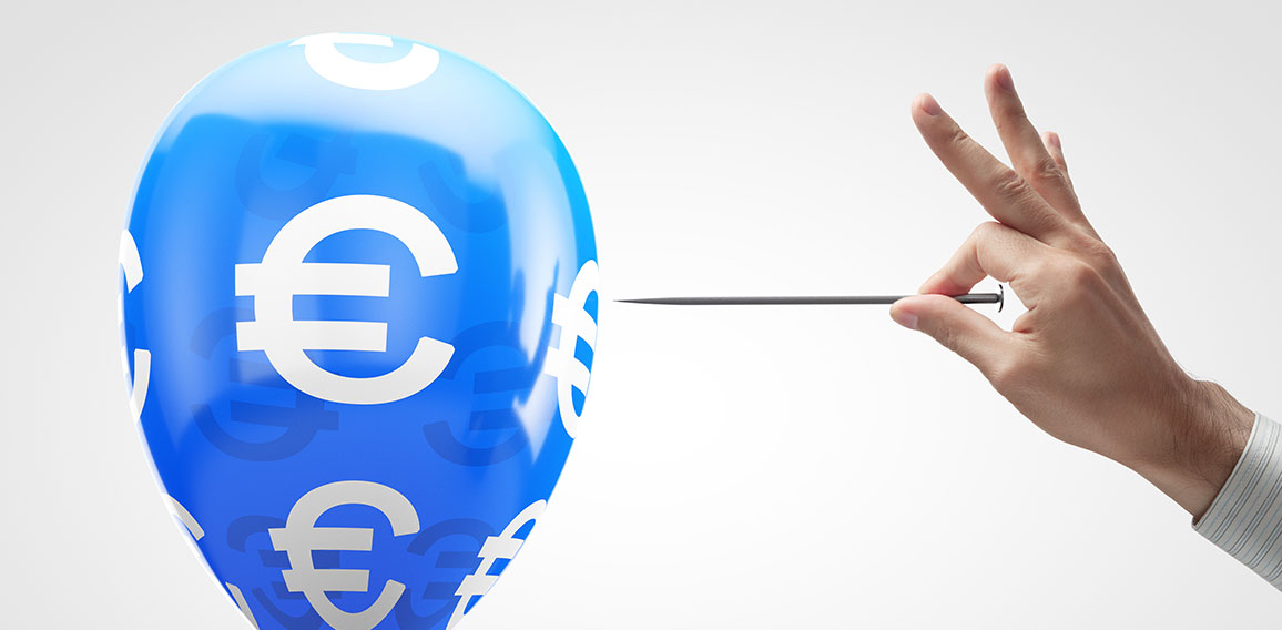 Concept: European currency vulnerability. Balloon with euro symb