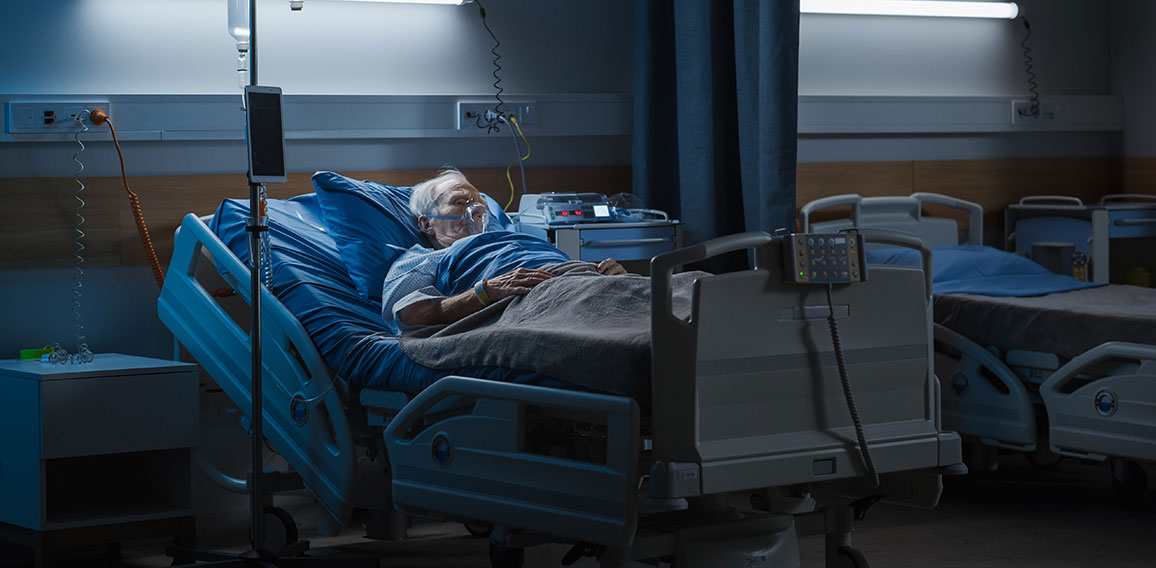 Hospital Ward: Portrait of Elderly Man Wearing Oxygen Mask Resti