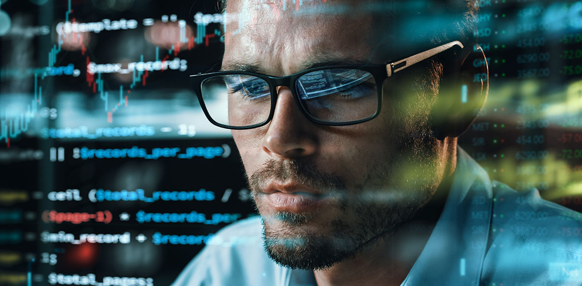 Close-up Portrait of Software Engineer Working on Computer, Line