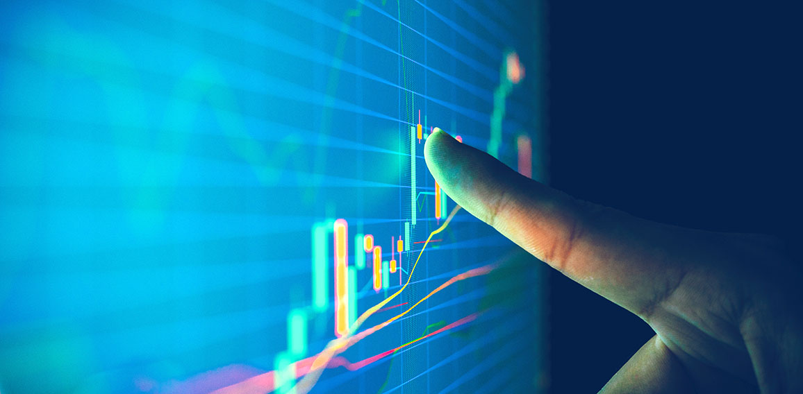 Closeup hand pointing finger on blue color monitor to analyze st