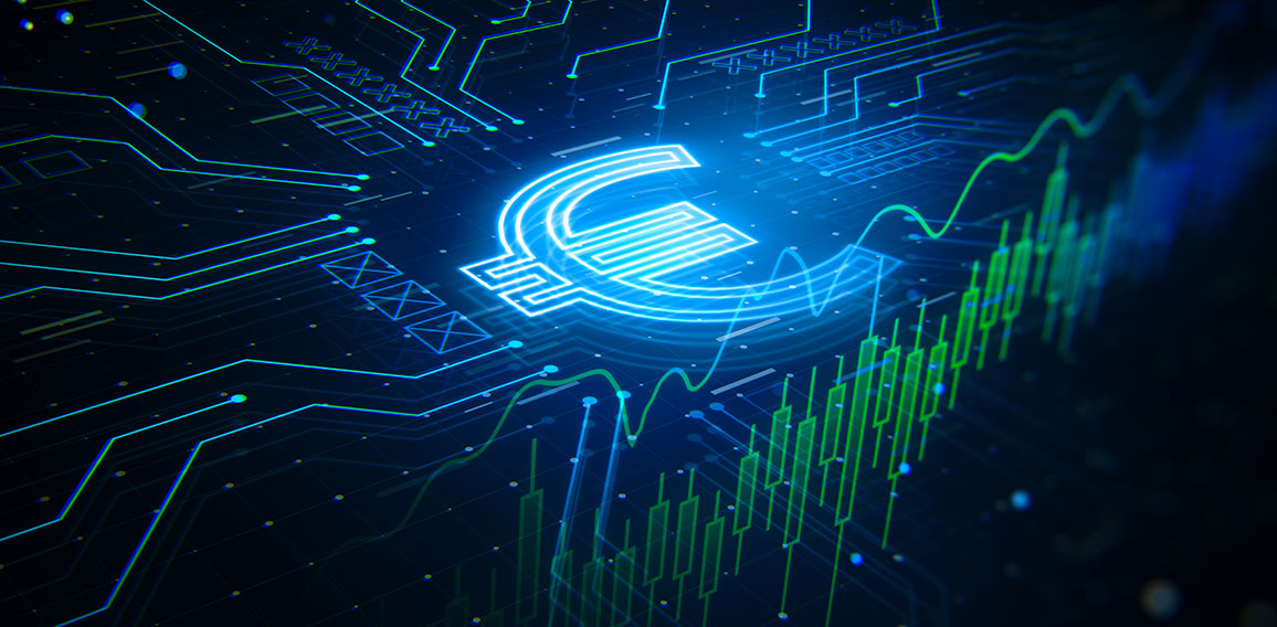 Old money, cash and exchange and finance concept with perspective view on glowing blue euro symbol on dark background in form of microcircuit and financial chart candlestick. 3D rendering