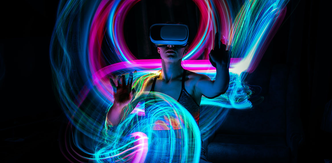 Metaverse digital Avatar, Metaverse Presence, digital technology, cyber world, virtual reality, futuristic lifestyle. Woman in VR glasses playing AR augmented reality NFT game with neon blur lines